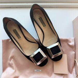 Prada Black Suede Square Toe Heels w/ Silver Buckle | Size 37 | Box & Dust Bag